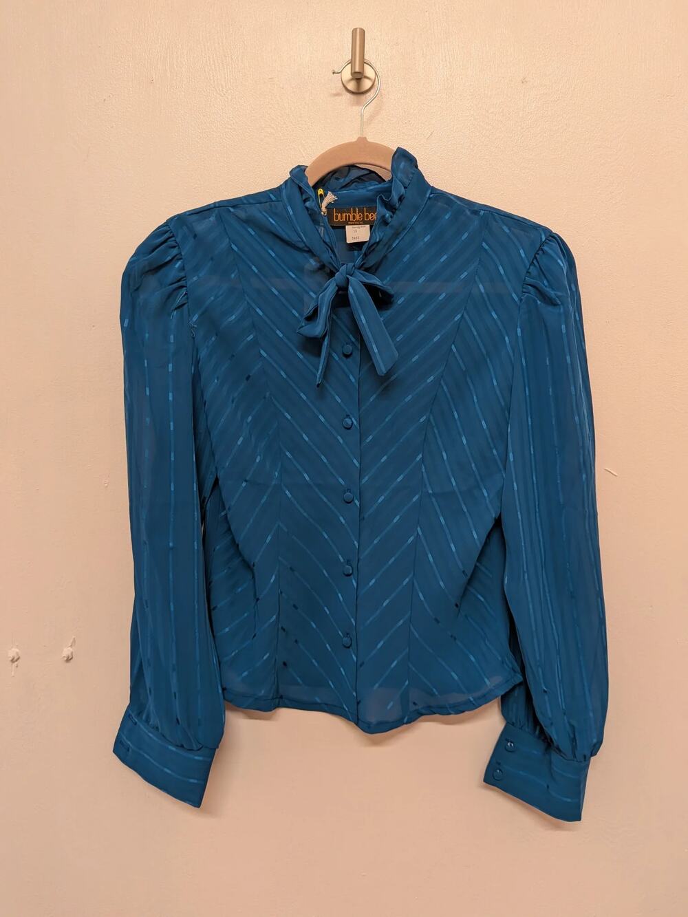 Bumble Bee Tie Neck Blouse Teal Size 13